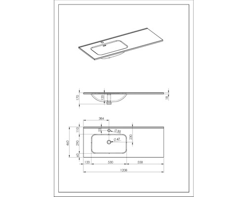 Technický nákres umývadlovej skrinky s rozmermi