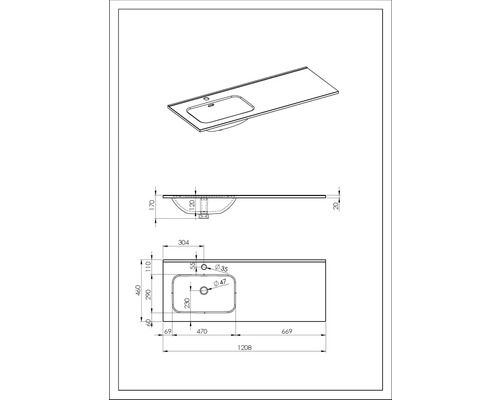 Technický nákres umývadla s rozmermi.