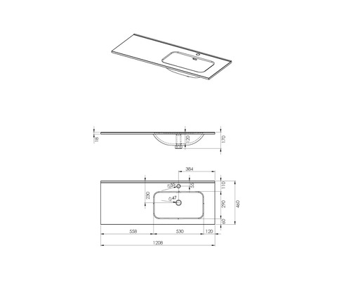 Technický nákres umývadla s rozmermi