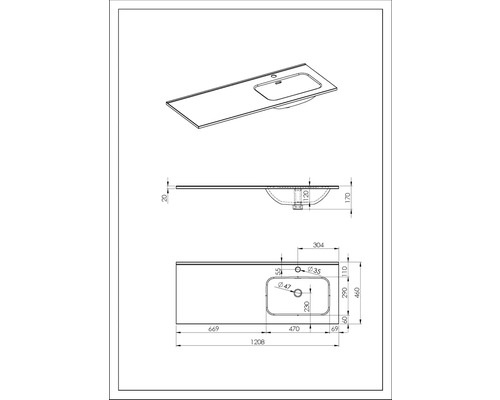Technický nákres umývadla s rozmermi