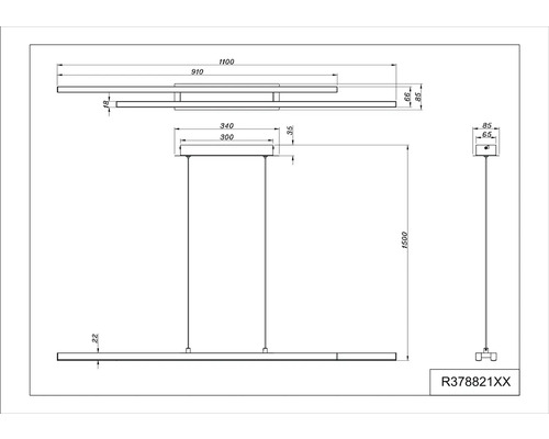Technický nákres závesného svietidla s rozmermi