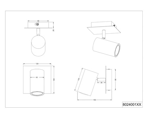 Technický nákres nástennej lampy s rozmermi