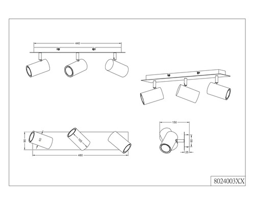 Technický nákres stropného svietidla s tromi reflektormi a rozmermi