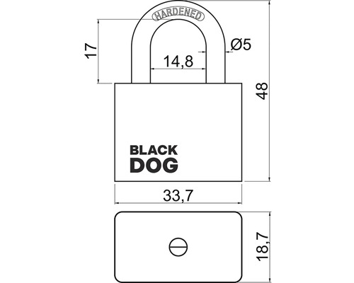 Technický nákres visiaceho zámku Black Dog s rozmermi