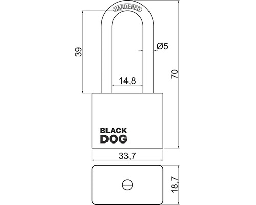 Technický nákres visiaceho zámku s rozmermi