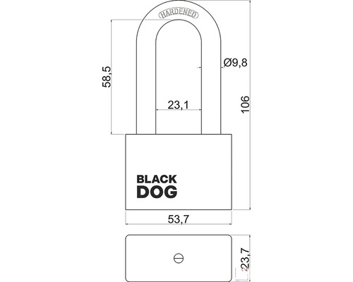 Technický výkres visiaceho zámku BLACK DOG s rozmermi.
