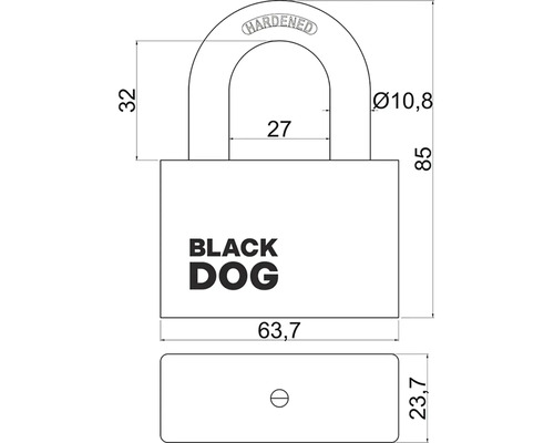 Obrázok visiaceho zámku BLACK DOG s rozmermi