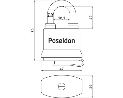 Technický nákres visiaceho zámku Poseidon s rozmermi