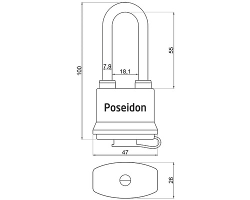 Technický nákres visiaceho zámku Poseidon s rozmermi