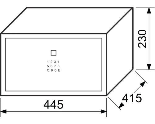 Obrázok trezora s rozmermi 445 x 415 x 230 mm.
