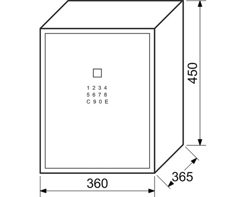 Nákres trezora s rozmermi 450 x 360 x 365 milimetrov a klávesnice