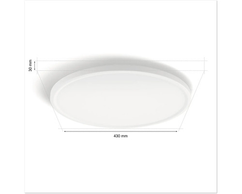 Okrúhle stropné svietidlo s rozmermi 430 krát 30 milimetrov.