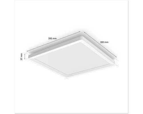Štvorcové LED stropné svietidlo s rozmermi 395 mm x 395 mm x 37 mm.