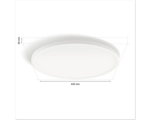 Okrúhle stropné svietidlo s rozmermi 430 krát 30 milimetrov.