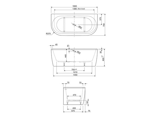 Technický nákres vane s rozmermi