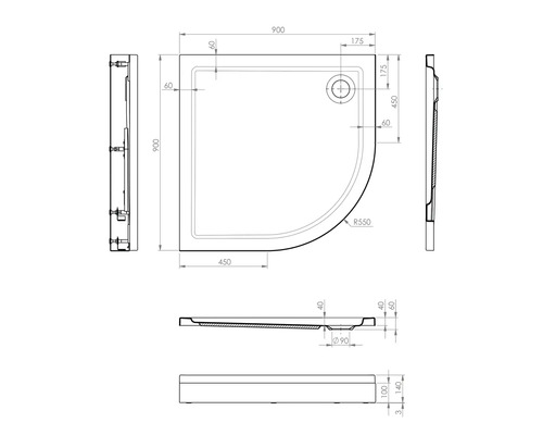 Technický nákres sprchovej vaničky s rozmermi