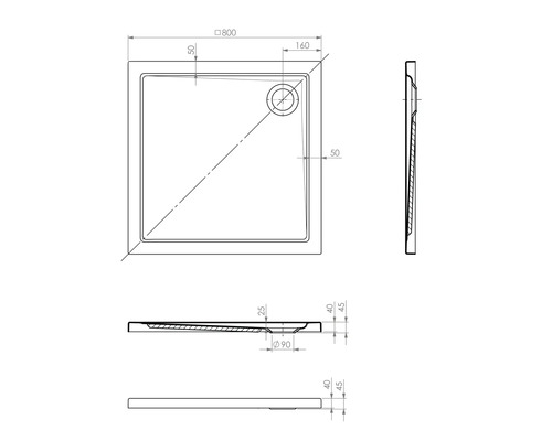 Technický nákres štvorcovej sprchovej vaničky s rozmermi