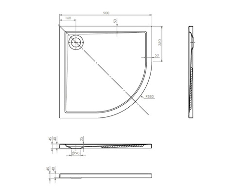 Technický nákres sprchovej vaničky s rozmermi