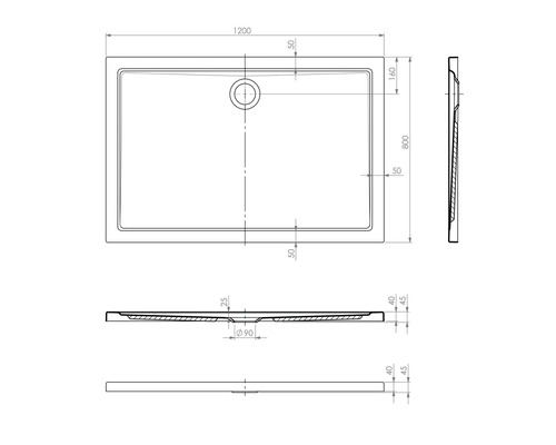 Technický nákres sprchovej vaničky s rozmermi