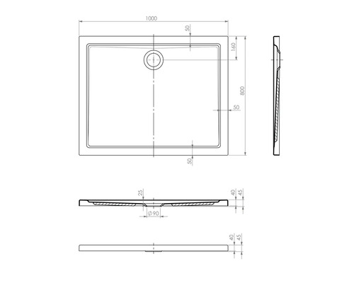 Technický nákres sprchovej vaničky s rozmermi