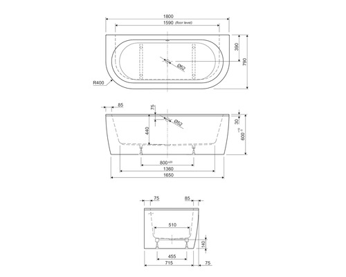 Technický nákres vane s rozmermi