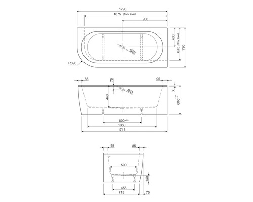 Technický nákres vane s rozmermi