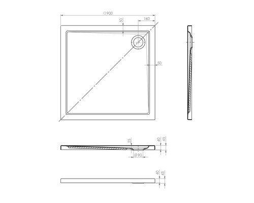 Technický nákres sprchovej vaničky s rozmermi