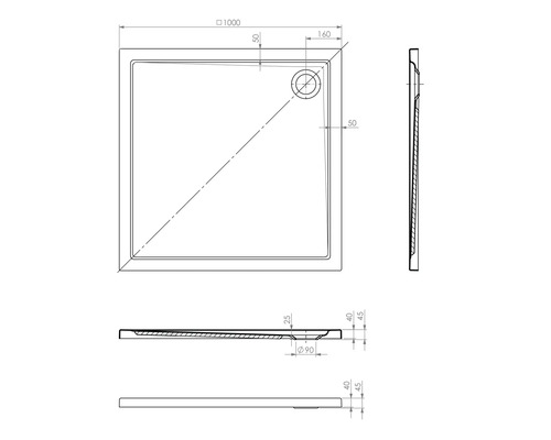 Technický výkres sprchovej vaničky s rozmermi