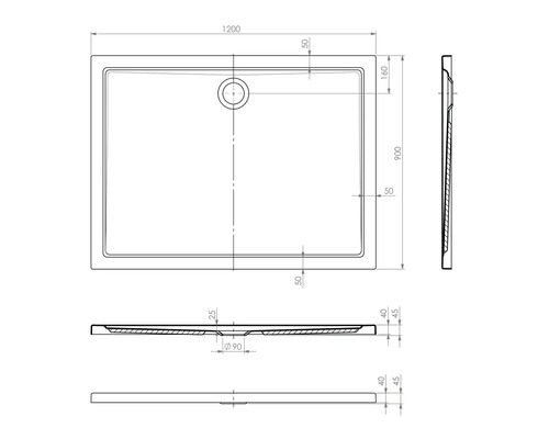 Technický nákres sprchovej vaničky s rozmermi.