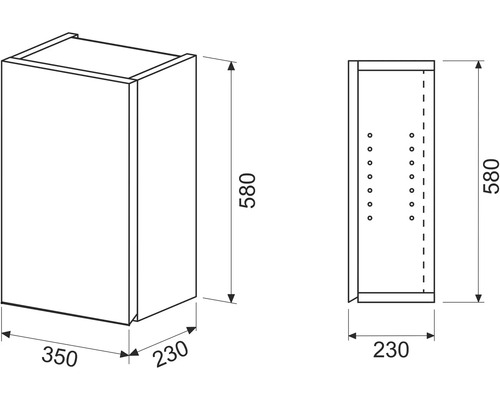 Nákres závesnej skrinky s rozmermi 580 x 350 x 230 milimetrov.