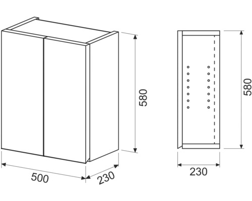 Technický nákres závesnej skrinky s rozmermi 580 x 500 x 230 mm