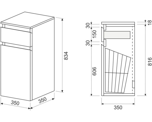 Technický nákres spodnej skrinky so zásuvkou a rozmermi 350 x 350 x 834 mm.