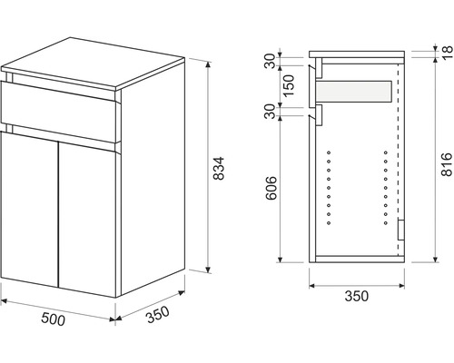 Technický nákres skrinky pod umývadlo so zásuvkou a dvierkami vrátane rozmerov