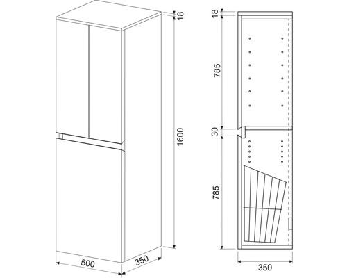 Technický nákres skrine s rozmermi.