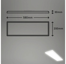 Technický nákres LED lampy s rozmermi 580 mm dĺžka, 200 mm šírka a 30 mm výška.