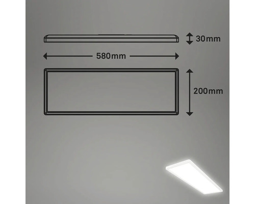Technický nákres LED lampy s rozmermi 580 mm dĺžka, 200 mm šírka a 30 mm výška.