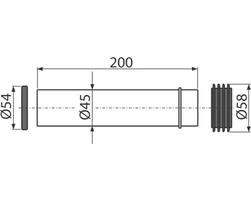 Technický nákres rúry s priemerom 54 mm a 45 mm a dĺžkou 200 mm.