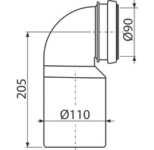 Technický nákres odtokového kolena s rozmermi 90 mm, 110 mm a 205 mm.