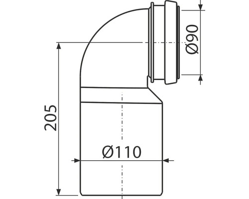 Technický nákres odtokového kolena s rozmermi 90 mm, 110 mm a 205 mm.