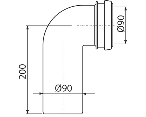 Technický výkres 90-stupňového kolena rúry s priemerom 90 mm a dĺžkou 200 mm
