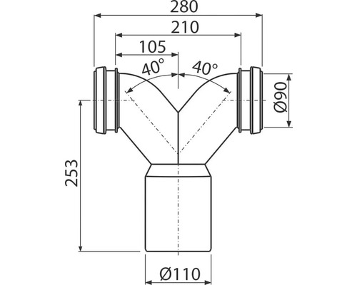 Technický nákres odbočky odpadovej rúry s rozmermi 280, 210 a 105 milimetrov a uhlami 40 stupňov