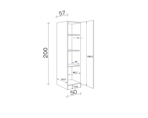 Technický nákres kuchynskej skrinky s rozmermi.