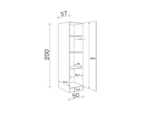 Technický nákres vysokej skrine s rozmermi