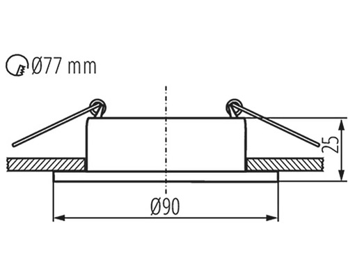 Technický nákres vstavaného bodového svietidla s rozmermi 77 mm v priemere hore, 90 mm v priemere dole a 25 mm na výšku.