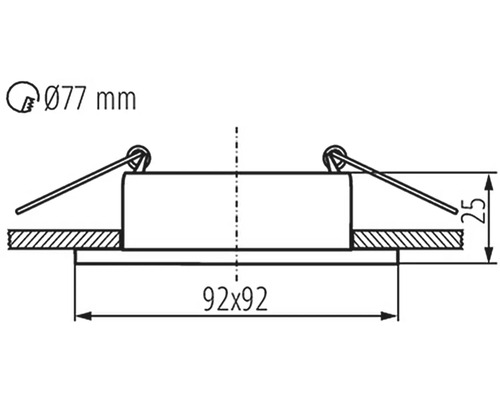 Technický nákres zapusteného stropného svietidla s rozmermi 77 mm v priemere a 92 x 92 mm.