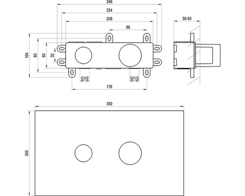 Technický nákres predstenového inštalačného prvku s ovládacou doskou a rozmermi