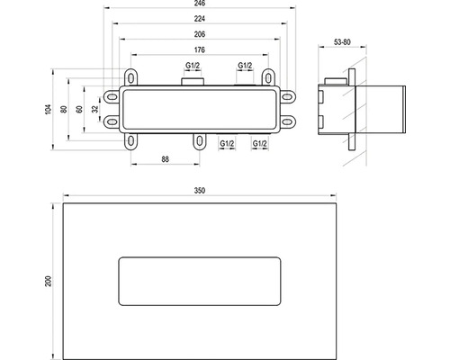 Technický nákres podomietkovej krabice s rozmermi