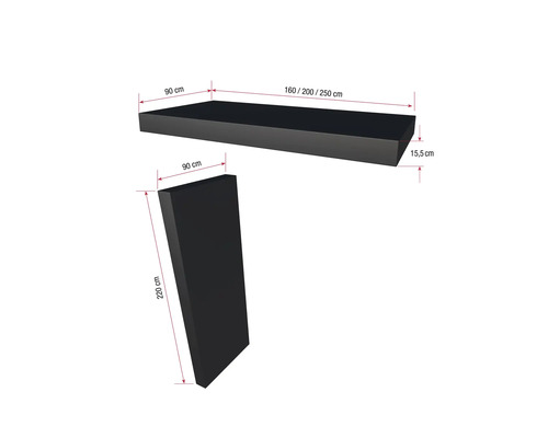 Obrázok produktu s rozmermi: polica a bočná stena s rozmermi 90 cm, 160/200/250 cm a 15,5 cm, respektíve 220 cm.
