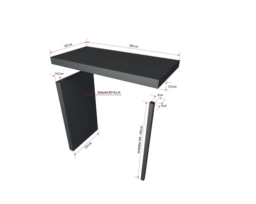 Zobrazenie bočného panela umývadla BS Plus XL s rozmermi 125 x 14,5 cm, umývadlovej dosky s rozmermi 250 x 125 x 15,5 cm a nastaviteľnej umývadlovej konzoly s rozmermi 200 až 250 x 8 x 8 cm.