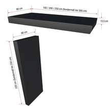 Nákres pracovnej dosky s rozmermi 160, 200 alebo 250 cm na dĺžku, 90 cm na šírku a 15,5 cm na výšku a bočnej dosky so šírkou 90 cm a výškou 220 cm.